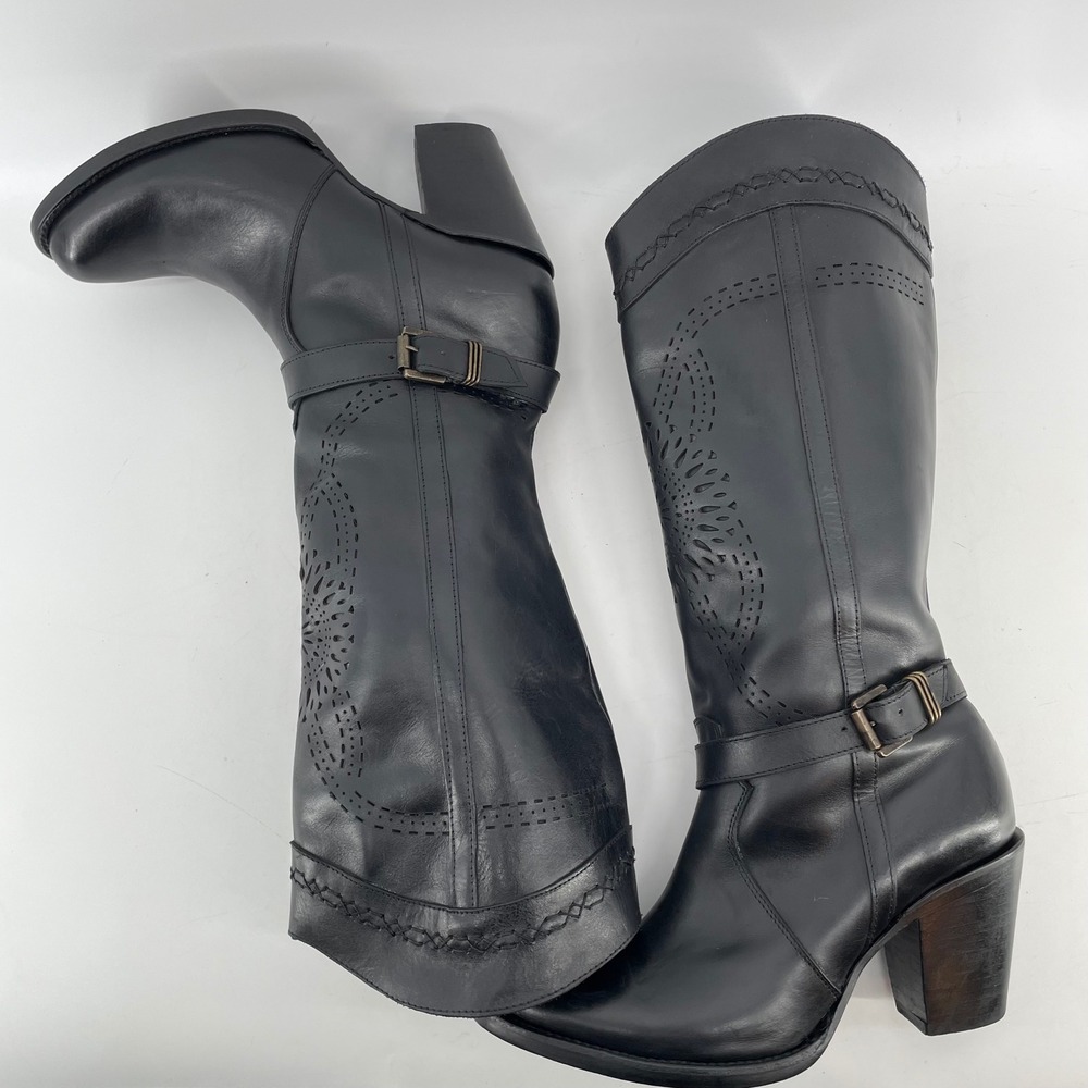 Pistolero‎ Black Leather Western Stacked Heel Boots Women's Mex 26.5 US 9.5